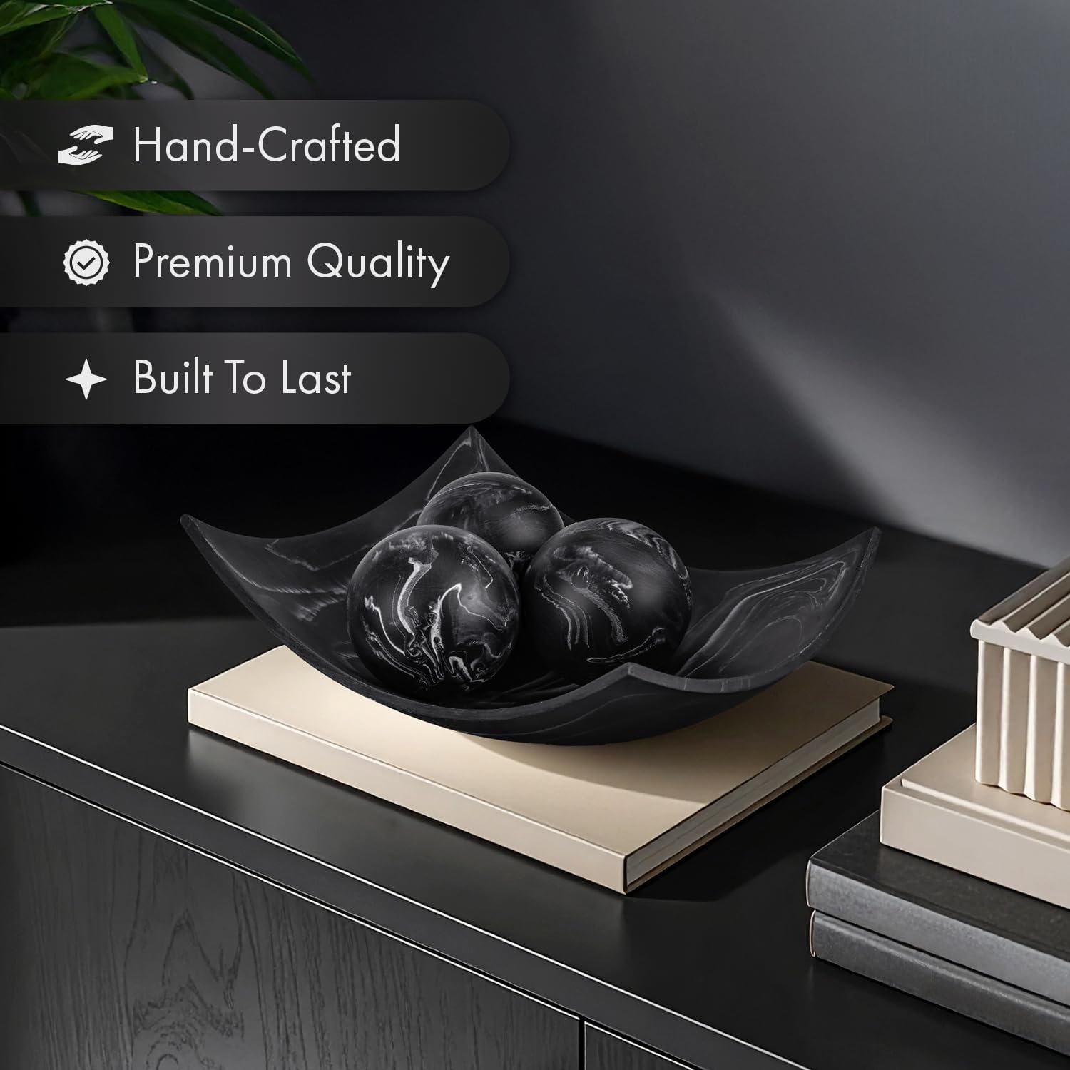 Creative Scents Black Marble Look Decorative Bowl, Coffee Table Decor for Living/Dining Room, Modern Black Catch-All Key Dish Decorations for Entryway, Black Decor - Fruit Bowl for Kitchen Counter - Image 3