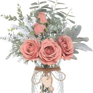 Faux Flowers with Vase,Artificial Silk Roses in Vase, Fake Plant Eucalyptus Flower Arrangement for Home Office Farmhouse Bathroom Dining Table Centerpiece Decorations Coffee Table Decor (Dusty Pink)