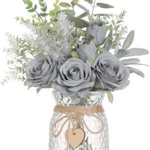 Faux Flowers with Vase,Artificial Silk Roses in Vase, Fake Plant Eucalyptus Flower Arrangement for Home Office Farmhouse Bathroom Dining Table Centerpiece Decorations Coffee Table Decor (Grey Blue)