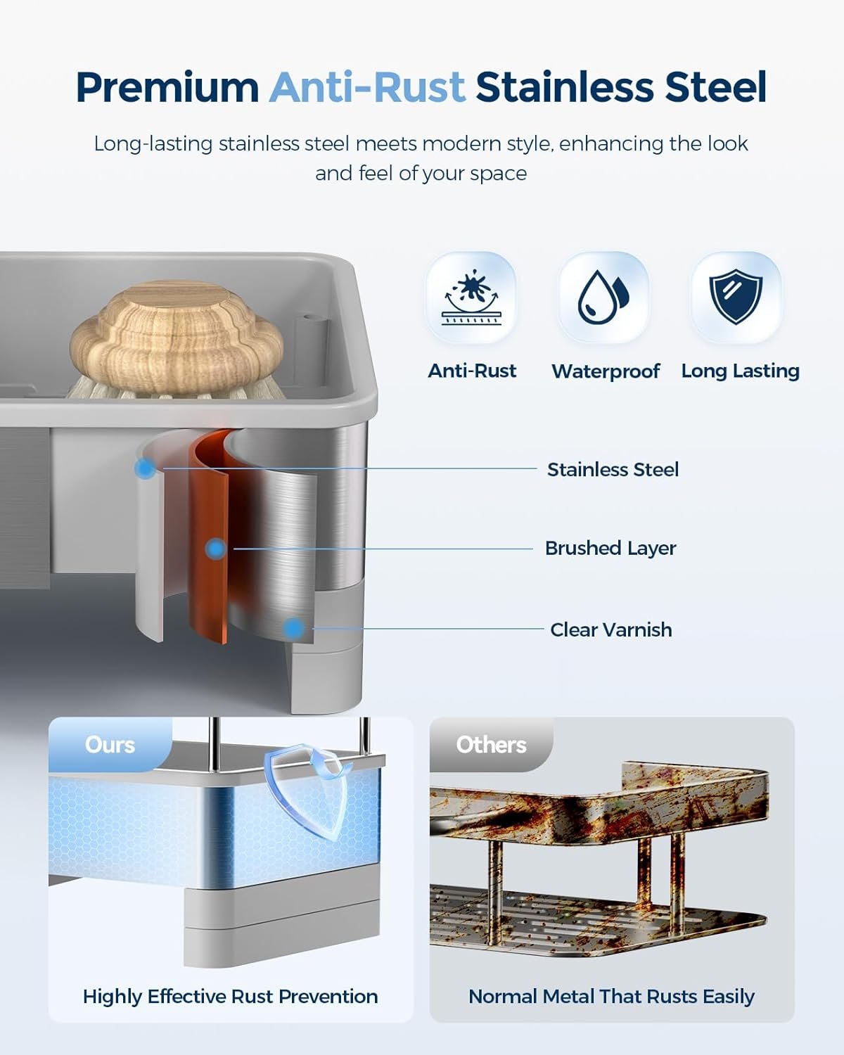 Nacial Sponge Holder for Kitchen Sink, Sink Caddy Organizer with High Brush Holder & Two Towel Racks - Rustproof 304 Stainless Steel Kitchen Countertop Storage Essentials - Gris - Image 3