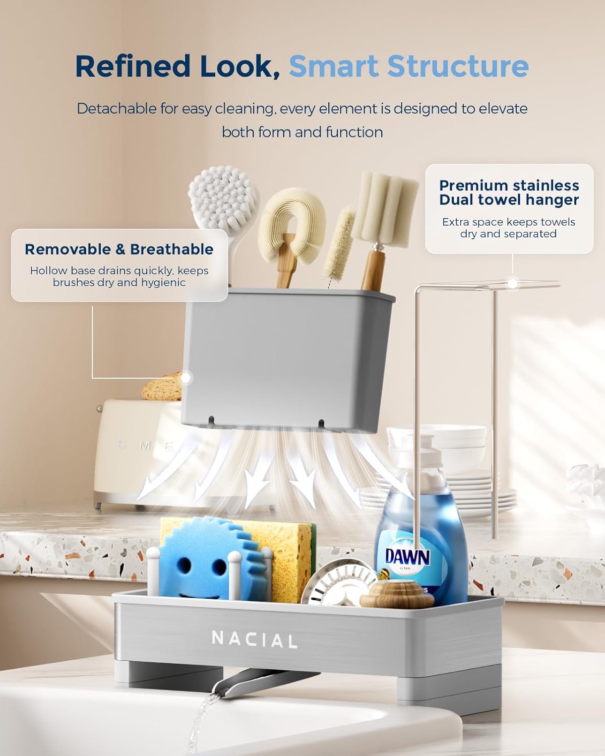 Nacial Sponge Holder for Kitchen Sink, Sink Caddy Organizer with High Brush Holder & Two Towel Racks - Rustproof 304 Stainless Steel Kitchen Countertop Storage Essentials - Gris - Image 6