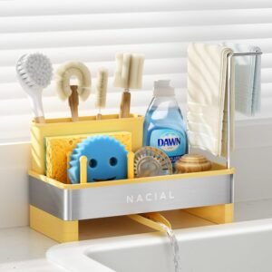 Nacial Sponge Holder for Kitchen Sink, Sink Caddy Organizer with High Brush Holder & Two Towel Racks - Rustproof 304 Stainless Steel Kitchen Countertop Storage Essentials - Yellow