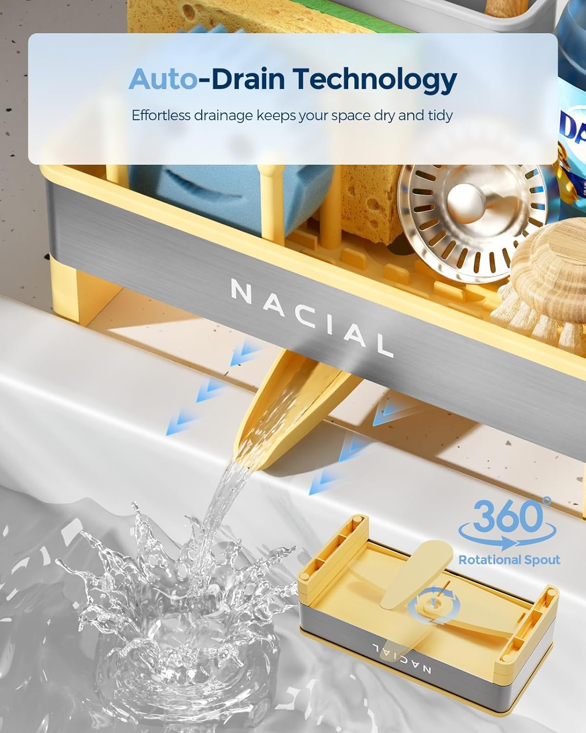 Nacial Sponge Holder for Kitchen Sink, Sink Caddy Organizer with High Brush Holder & Two Towel Racks - Rustproof 304 Stainless Steel Kitchen Countertop Storage Essentials - Yellow - Image 3