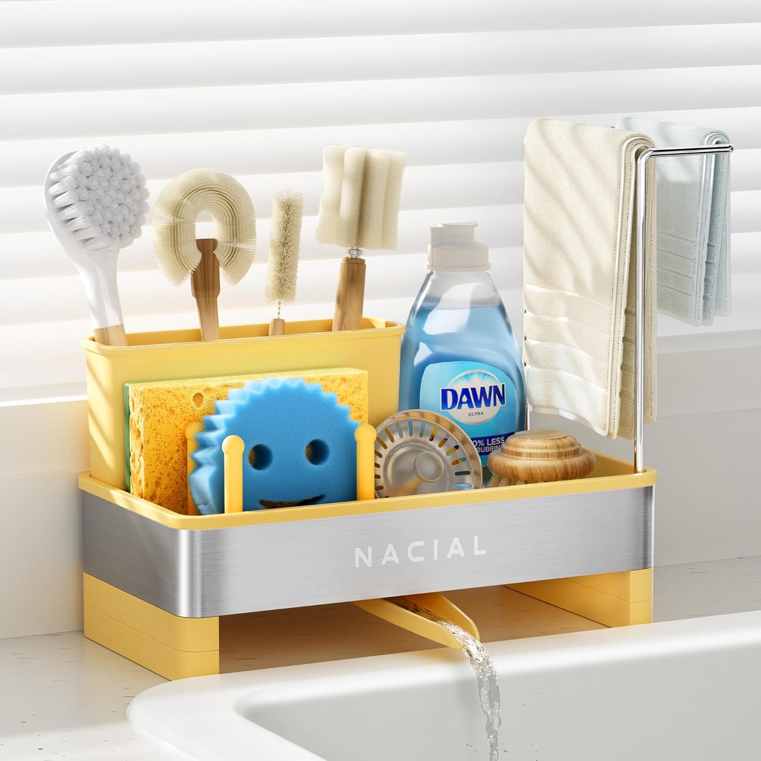 Nacial Sponge Holder for Kitchen Sink, Sink Caddy Organizer with High Brush Holder & Two Towel Racks - Rustproof 304 Stainless Steel Kitchen Countertop Storage Essentials - Yellow