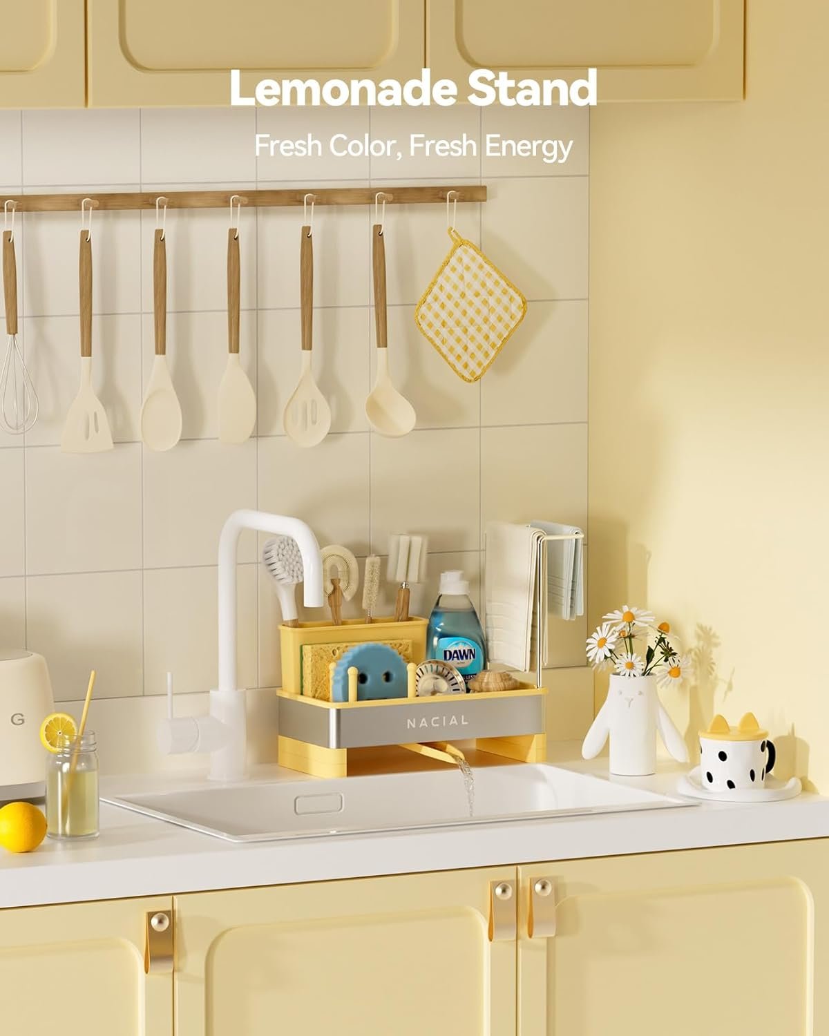 Nacial Sponge Holder for Kitchen Sink, Sink Caddy Organizer with High Brush Holder & Two Towel Racks - Rustproof 304 Stainless Steel Kitchen Countertop Storage Essentials - Yellow - Image 4