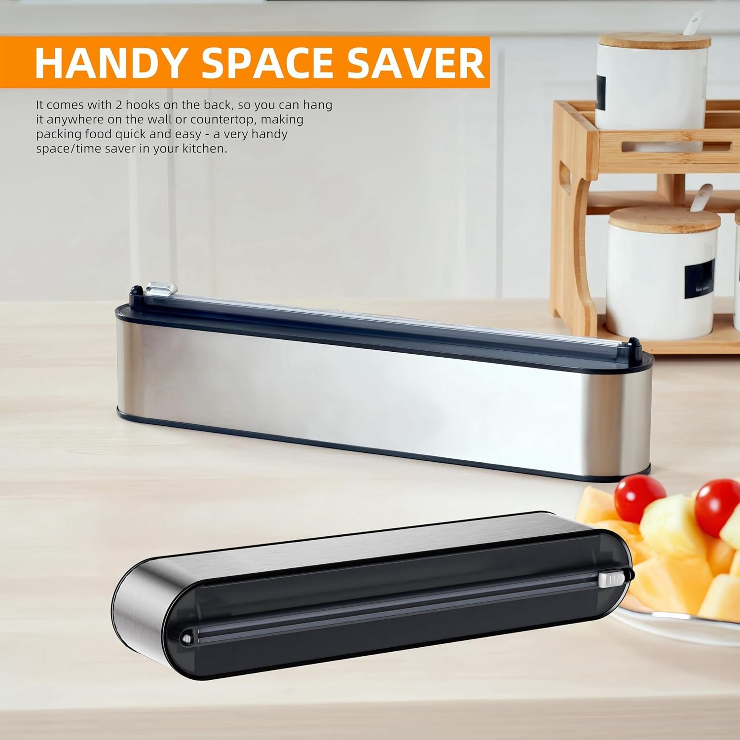 Aluminum Foil & Plastic Wrap Dispenser with Cutter - Magnetic & No-Drill Wall Mount, Stainless Steel Design, Space-Saving Kitchen organizer for Countertops & Cabinets - Fits 12" Rolls, Silver - Image 3