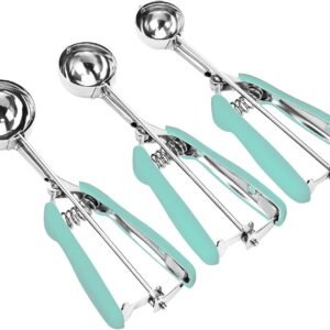 Cookie Scoop Set, 3Pcs Ice Cream Scoop, Cookie Scoops for Baking Set of 3, 18/8 Stainless Steel Cookie Scooper for Baking, Ice Cream Scooper with Trigger Release, Mint Soft Grip Cookie Dough Scoop