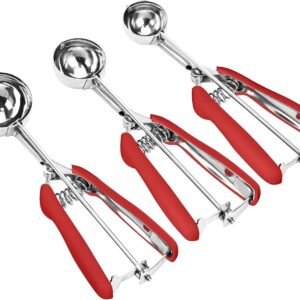 Cookie Scoop Set, 3Pcs Ice Cream Scoop, Cookie Scoops for Baking Set of 3, 18/8 Stainless Steel Cookie Scooper for Baking, Ice Cream Scooper with Trigger Release, Red Soft Grip Cookie Dough Scoop