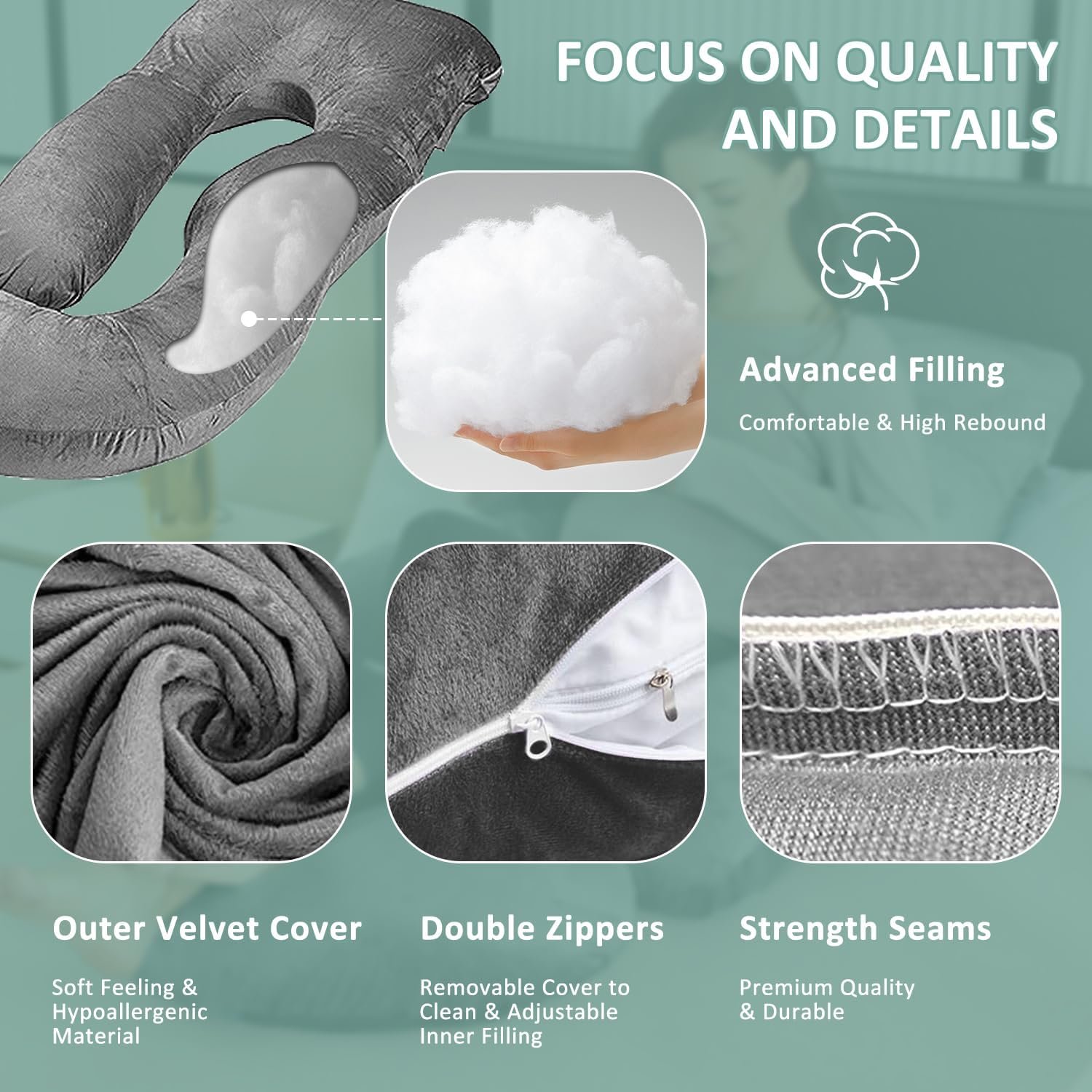 Chilling Home Pregnancy Pillow, U Shaped Pregnancy Pillows for Sleeping Full Body Pillow Maternity Pillow for Pregnant Women 58 inch, Pregnant Women Must Have with Removable Cover, Black - Image 3