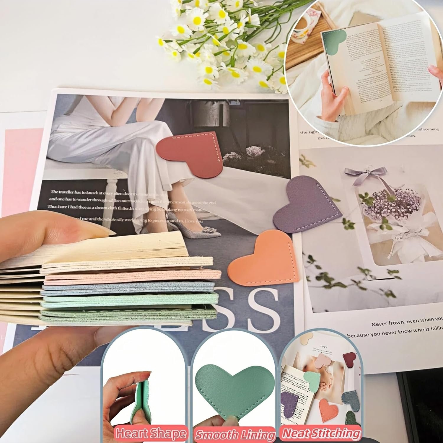 Leather Heart Bookmarks - OOEOO 8 Pieces Cute Corner Page Book Marks Gifts for Reading Women Teachers Students Book Lovers, for School Office Home Supplies(8PC Colors A) - Image 3