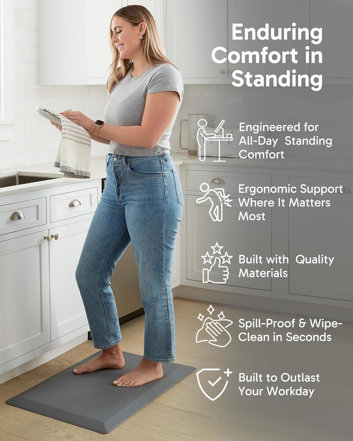 Ophanie Kitchen mats for Floor, 3/4 inch Thick, Kitchen Rugs, 20x39 Anti Fatigue Standing Cushioned Mat, Waterproof, Comfort Ergonomic mat for Office, Home, Sink, Grey Non-Slip Bottom - Image 3