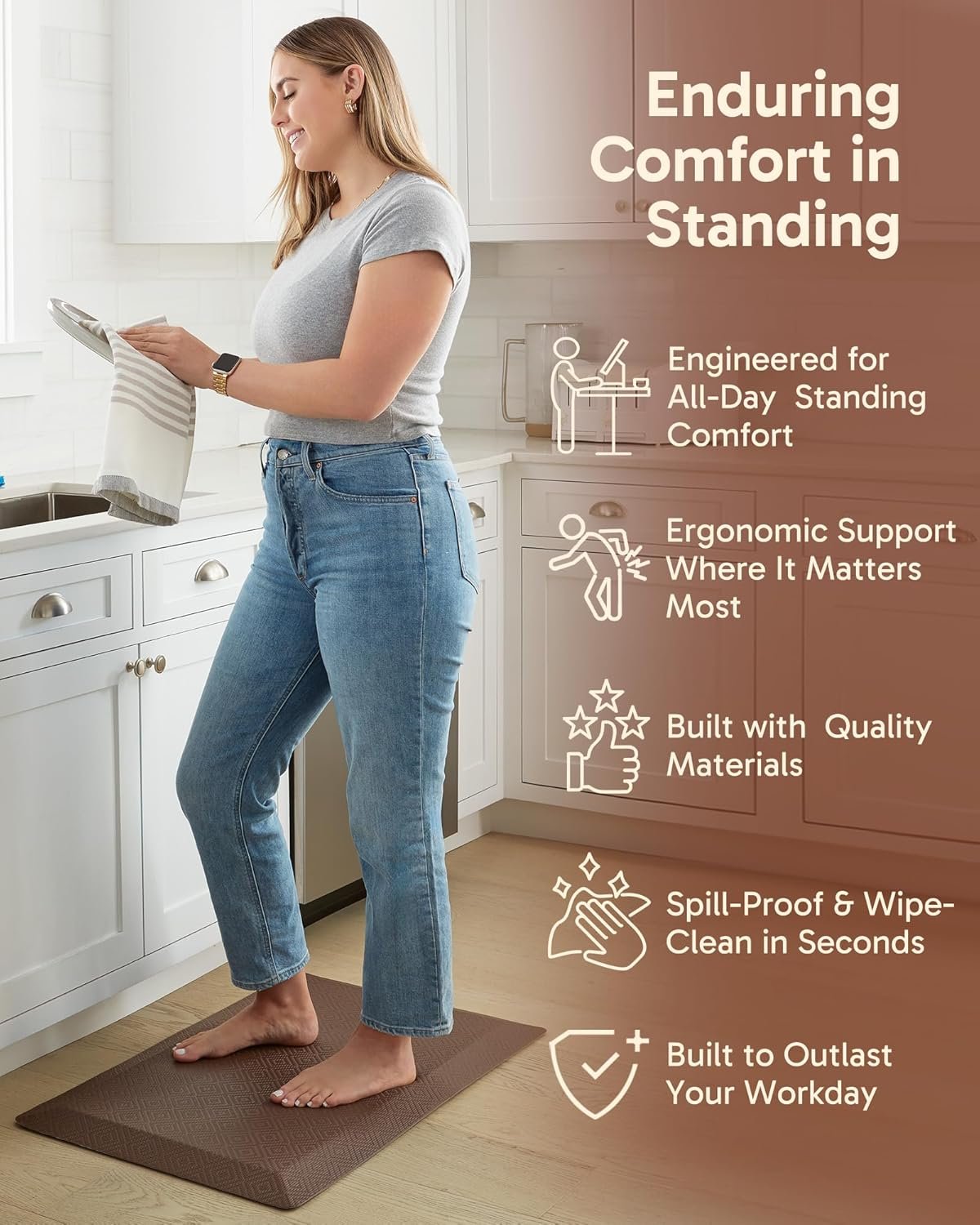 Ophanie Kitchen mats for Floor, 3/4 inch Thick, Kitchen Rugs, 20x39 Anti Fatigue Standing Cushioned Mat, Waterproof,Comfort Ergonomic mat for Office, Home, Sink, Brown Non-Slip Bottom - Image 3