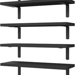 WOPITUES Wood Floating Shelves Set of 6, Shelves for Wall Decor, Farmhouse Shelf for Bedroom, Bathroom Storage Shelves, Book Shelves for Living Room-Black