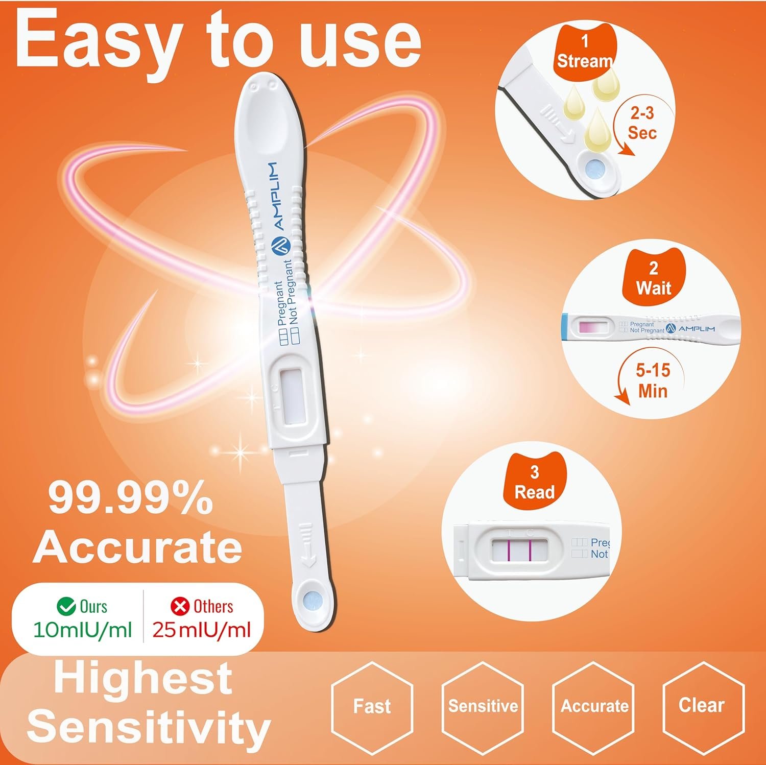 Amplim Pregnancy Test Sticks, HCG Early Detection 6 Days Sooner, Extra Sensitive 10mIU/mL Over 99.99% Accurate, Fast Clear Results in Minutes, Easy Midstream Home Use, 10 Count - Image 3