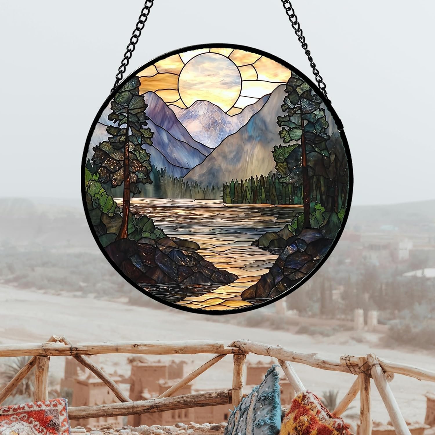 Stained Glass Window Hanging, Sunset Mountains Lake Tree Sun Catcher for Window Home Decor Landscape Suncatcher Mother's Day Birthday Gifts for Women Men Mom and Nana 9.8 in - Image 3