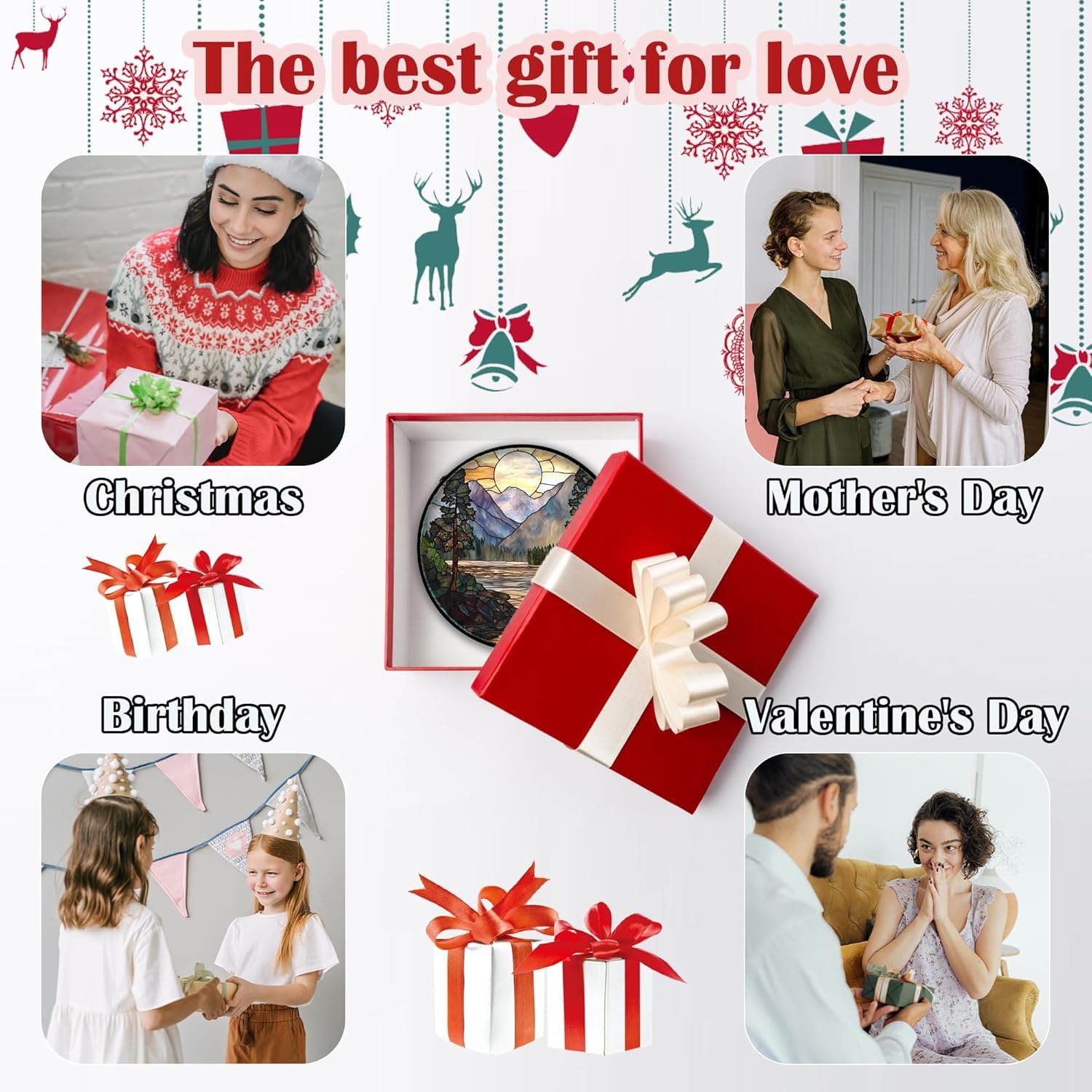 Stained Glass Window Hanging, Sunset Mountains Lake Tree Sun Catcher for Window Home Decor Landscape Suncatcher Mother's Day Birthday Gifts for Women Men Mom and Nana 9.8 in - Image 5