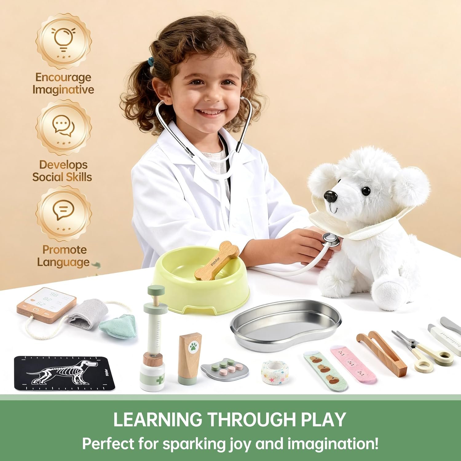 Wooden Doctor Kit for Kids Toddlers, Vet Play Set, Pretend Play Veterinarian Set, Doctor Toys Gift for Boys Girls 3 4 5 6 - Image 3