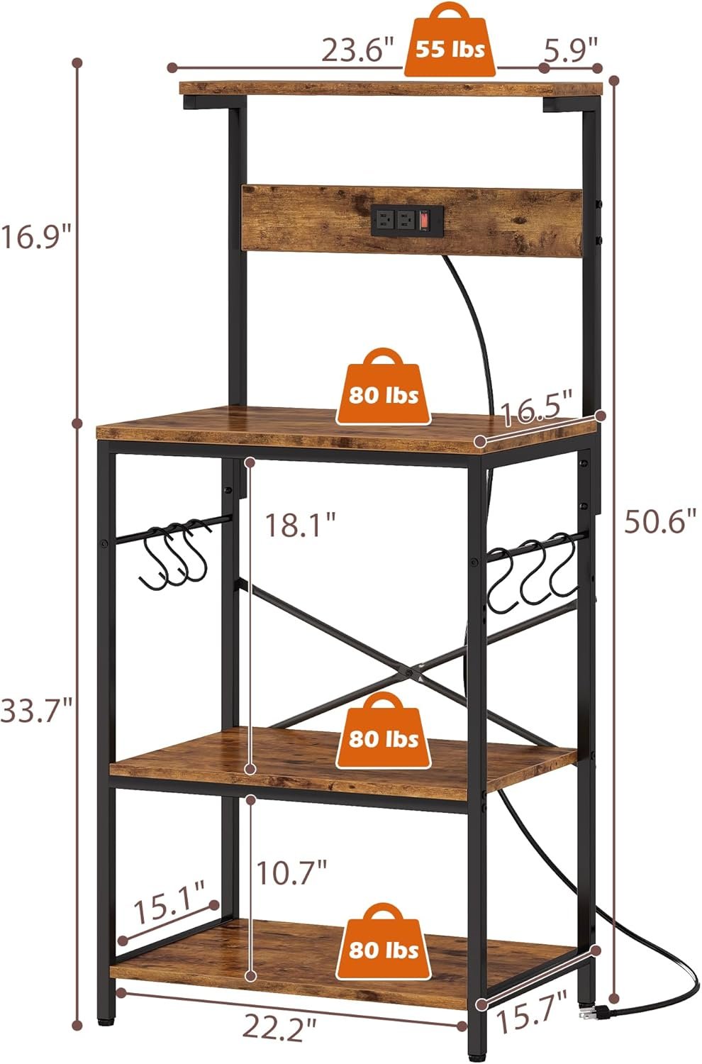 SUPERJARE Kitchen Bakers Rack with Power Outlet, Coffee Bar Table 4 Tiers, Kitchen Microwave Stand with 6 S-shaped Hooks, Storage Shelf Rack for Spices, Pots and Pans - Rustic Brown - Image 8