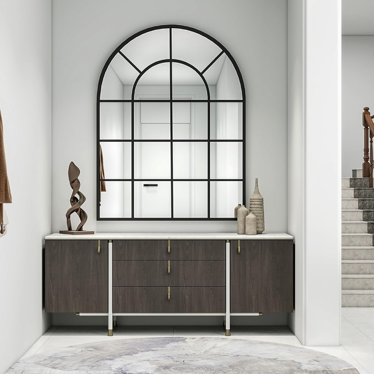 30"×40" Windowpane Arched Wall Mirror, Grid-Designed Decorative Farmehouse Wall Mounted Mirror with Metal Frame Hanging Leaning for Entryway, Living Room, Home Decor, Black - Image 4