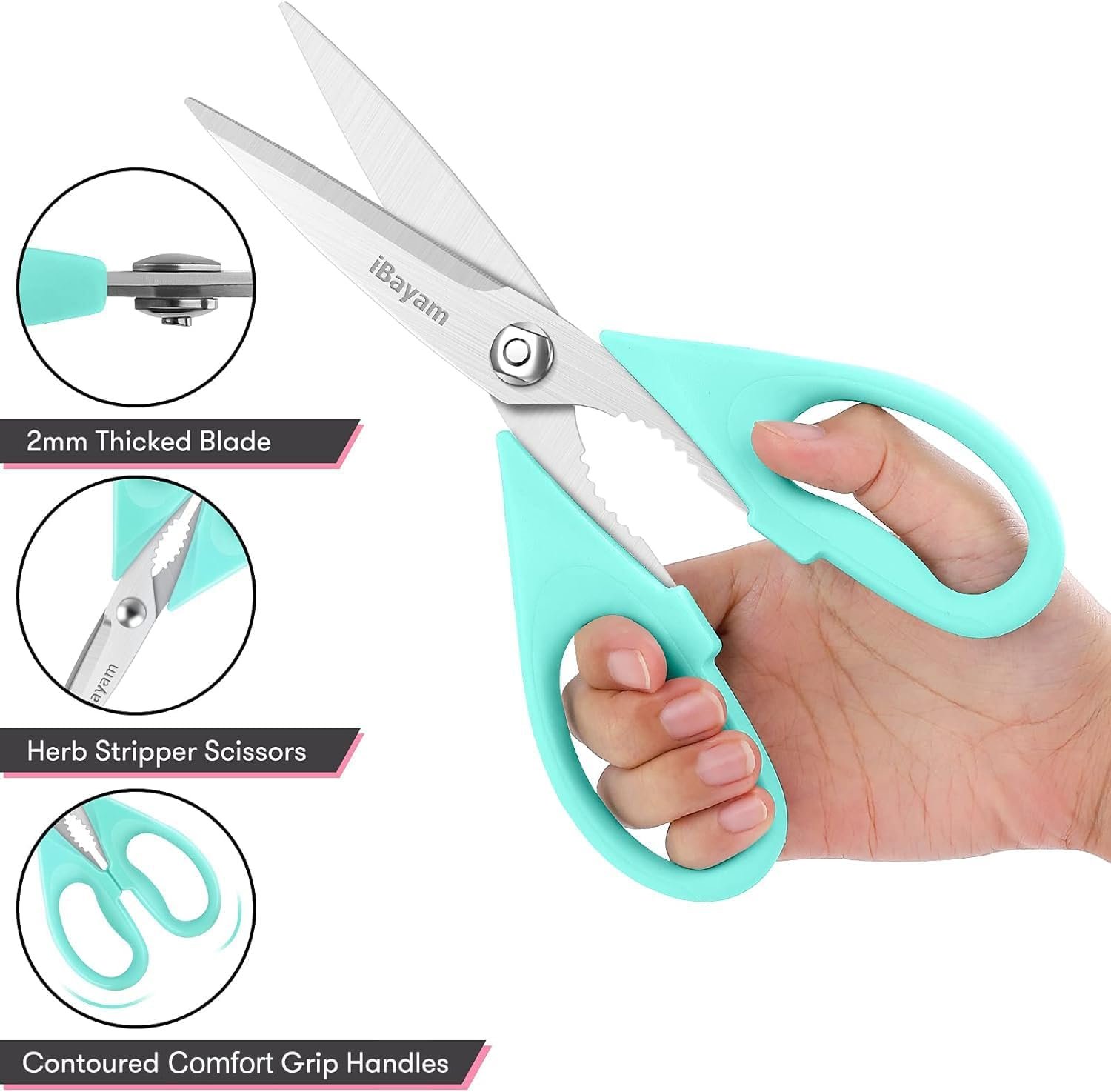 iBayam Kitchen Scissors - All Purpose Heavy Duty Meat Scissors, Poultry Shears, Dishwasher Safe, Stainless Steel, 2-Pack, Pastel Pink, Mint Blue - Image 4
