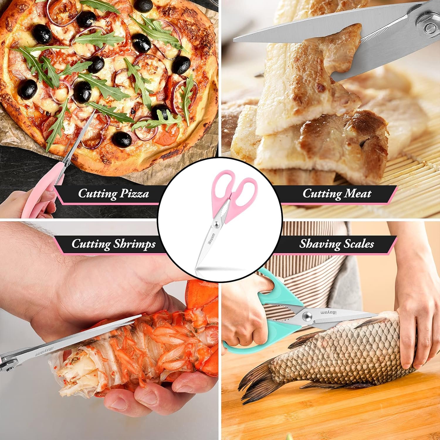 iBayam Kitchen Scissors - All Purpose Heavy Duty Meat Scissors, Poultry Shears, Dishwasher Safe, Stainless Steel, 2-Pack, Pastel Pink, Mint Blue - Image 5