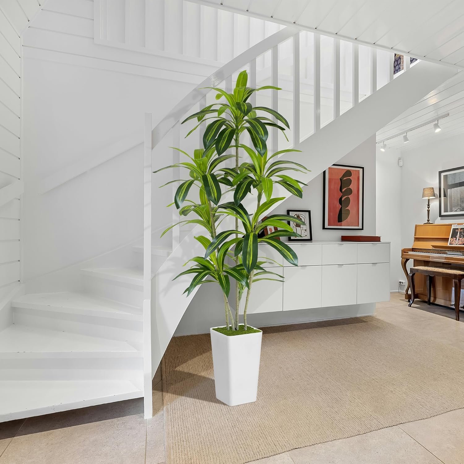 Artificial Dracaena Tree 6ft Tall - Green Silk Realistic Fake Plants for Office Home Living Room Bedroom Decor Indoor Outdoor with Pot Large House Faux Floor Plants - Image 3