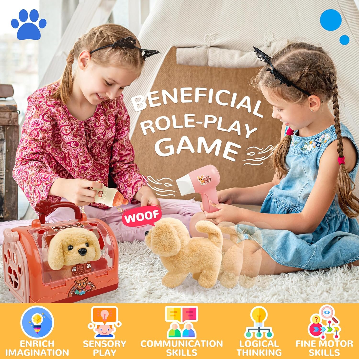 BELLOCHIDDO Dog Toys for Kids - Toddler Girls Toy Interactive Electric Walking Barking Puppy Wagging Tail, with Carrier and Pet Care Playset Accessories, Gifts for 1 2 3 4 5 6+ Year Old - Image 5