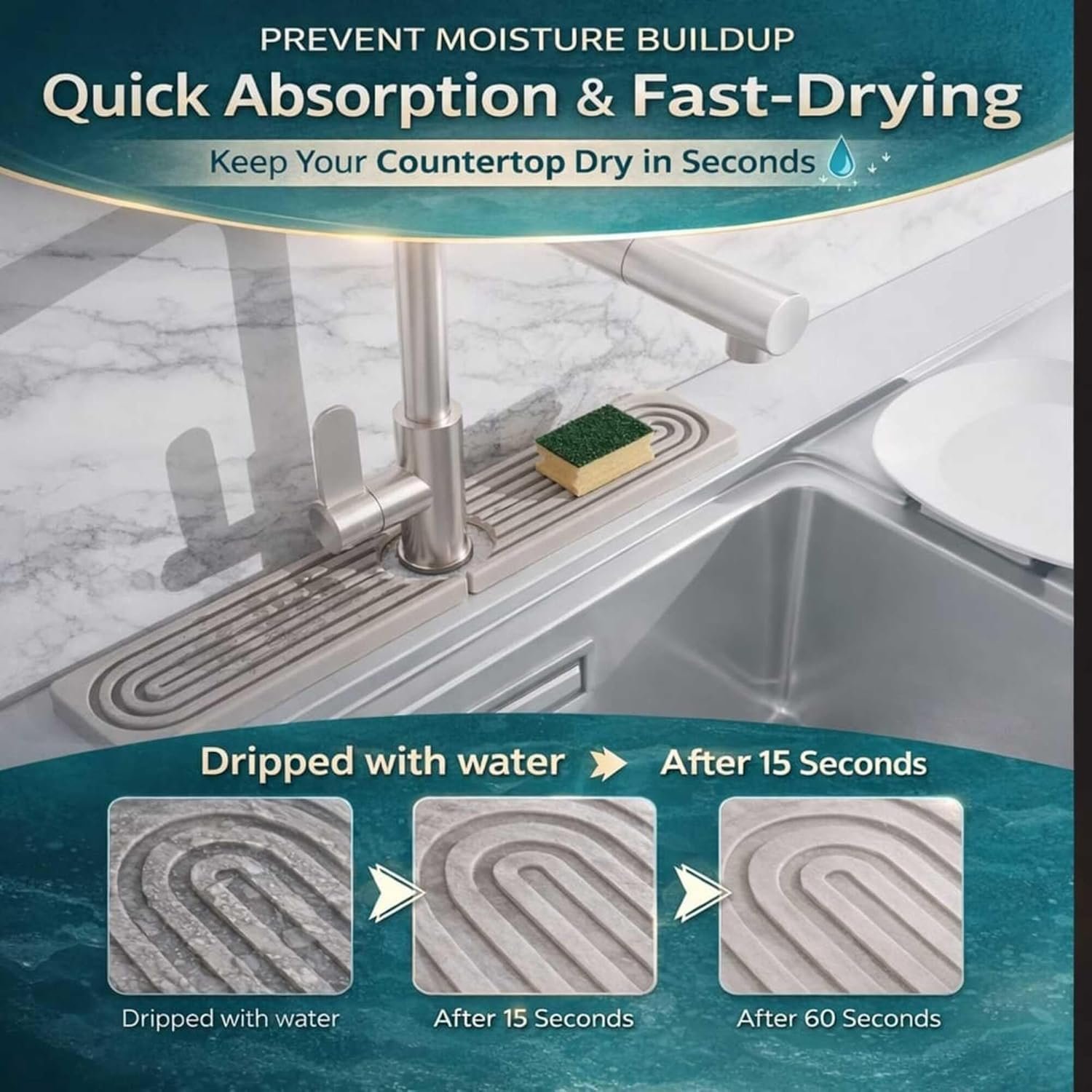 Faucet Mat for Kitchen Sink, Diatomite Stone Tray for Countertop Use, Faucet Drip Catcher, Kitchen and Bathroom Accessory, Around Faucet Fit, Sink Area Protector (Light Grey 23.6" x 3.9") - Image 8