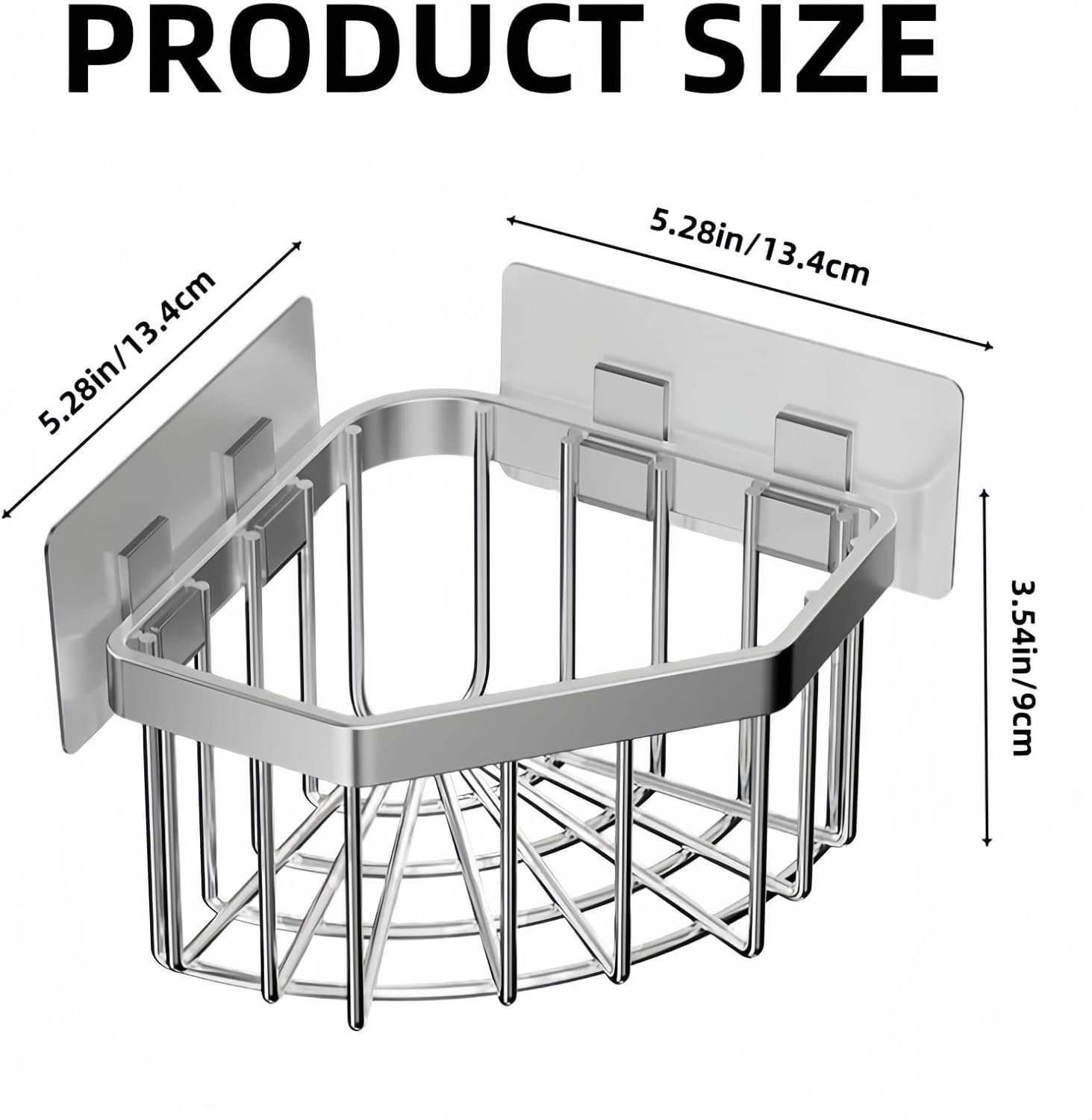 Wall Mounted Sink Caddy Organizer, Carbon Steel Kitchen Sponge Holder with 2 Adhesive Hooks, Triangular Drain Rack, 5.27x5.27x3.54 Inch (Grey) - Image 4