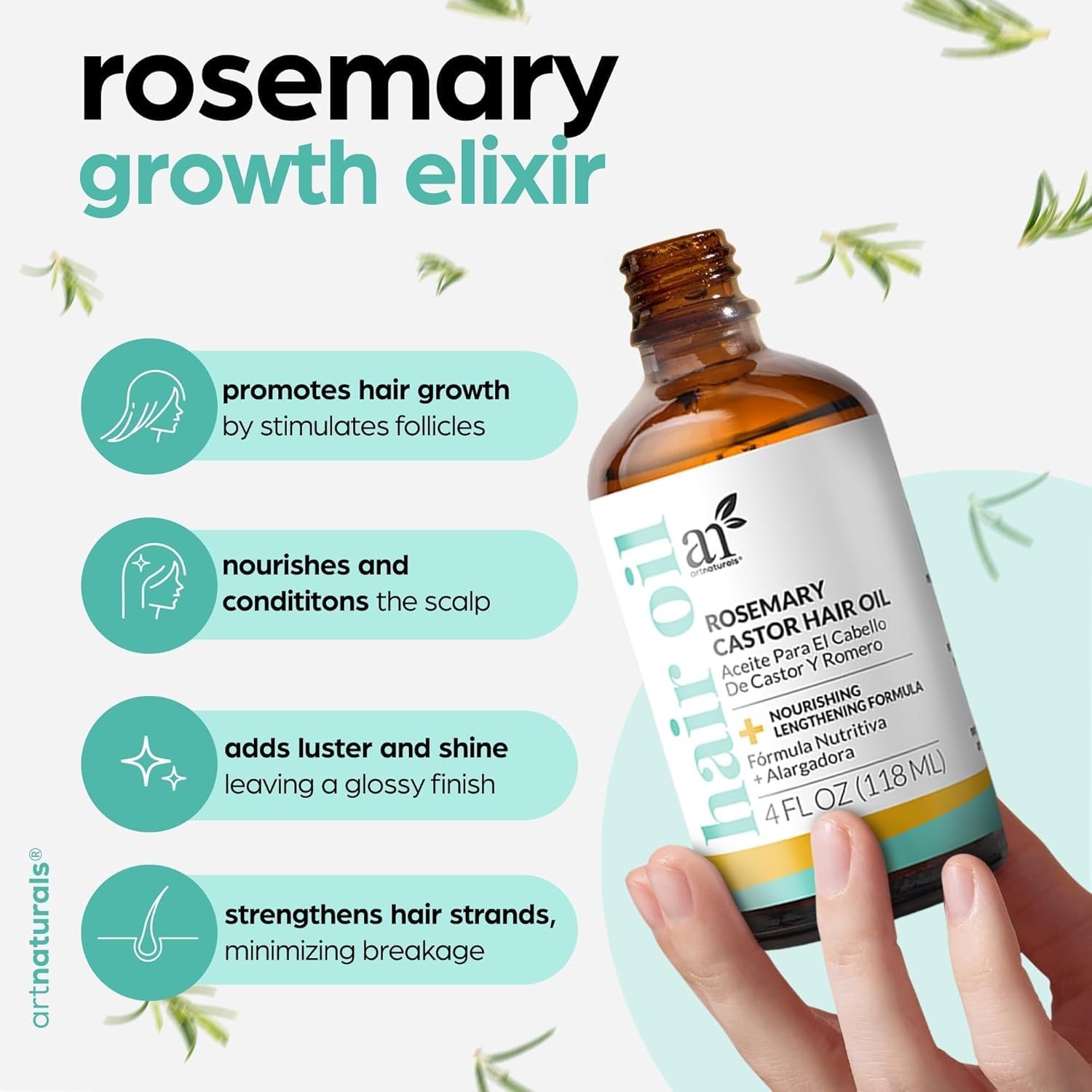 Artnaturals Organic Rosemary Castor Hair Oil + Massager Hair Growth Set Hair Growth Oil 4 ounces with Coconut & Olive Oil for Dry, Damaged & Split End - Image 3