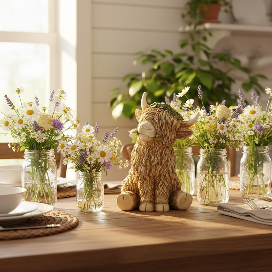 8-Inch Highland Cow Statue - Cute Cartoon Resin Figurine for Farmhouse Decor, Home & Desk, for Family & Friends - Image 3