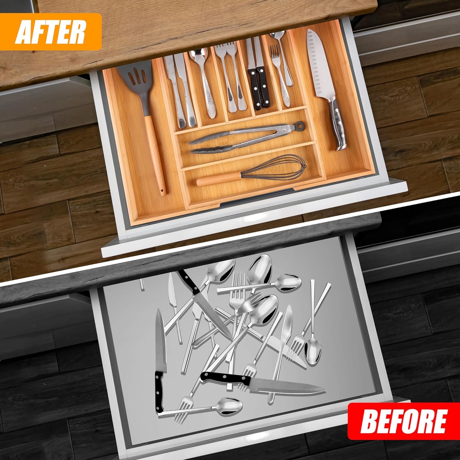 Bellsal Large Premium Bamboo Silverware Organizer - Expandable Utensil Drawer Organizer - 17"x19.6" Utensil Holder and Cutlery Tray with Grooved for Kitchen Flatware and Utensils Mother's Day Gift - Image 3