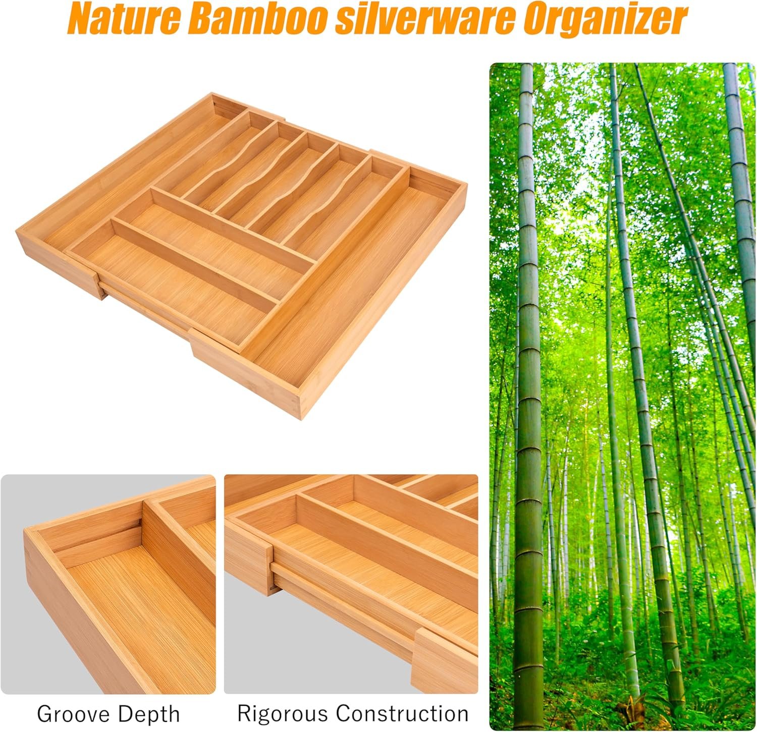 Bellsal Large Premium Bamboo Silverware Organizer - Expandable Utensil Drawer Organizer - 17"x19.6" Utensil Holder and Cutlery Tray with Grooved for Kitchen Flatware and Utensils Mother's Day Gift - Image 4