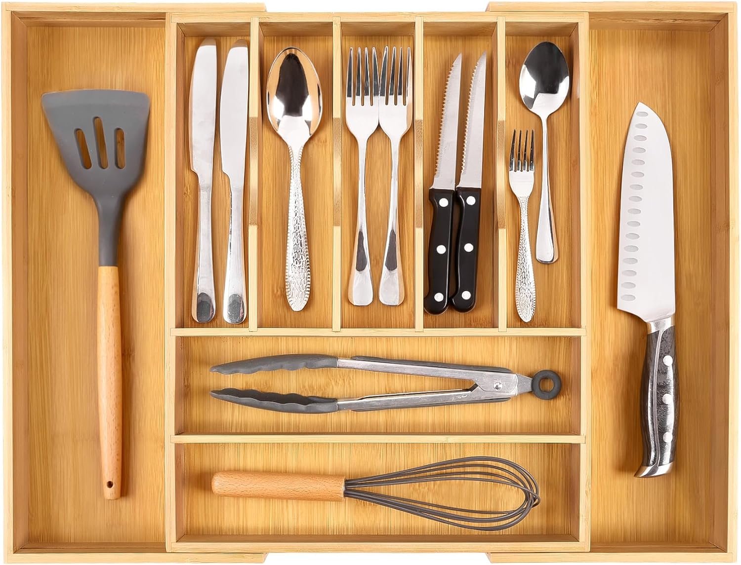 Bellsal Large Premium Bamboo Silverware Organizer - Expandable Utensil Drawer Organizer - 17"x19.6" Utensil Holder and Cutlery Tray with Grooved for Kitchen Flatware and Utensils Mother's Day Gift - Image 7