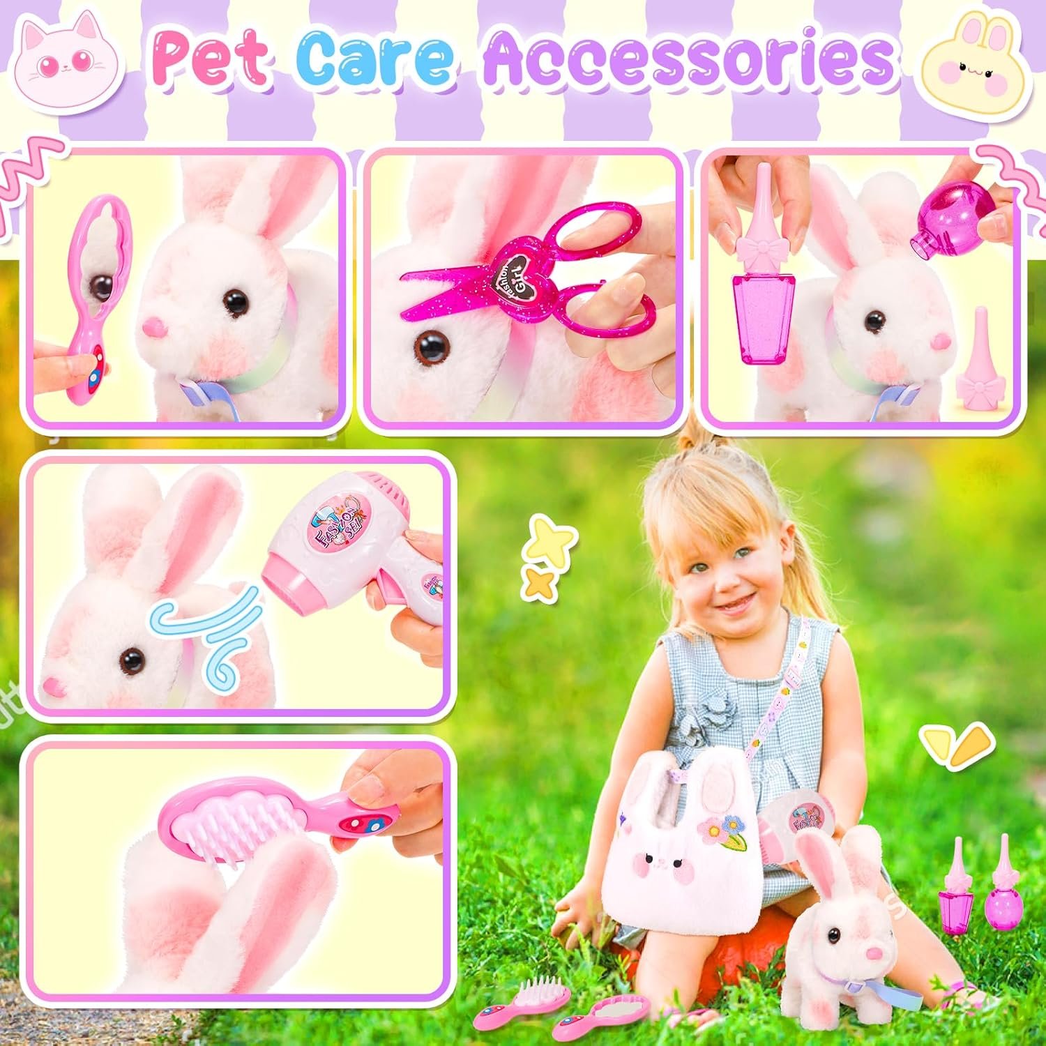 Easter Bunny Toys for Kids with Crossbody Bags, Easter Basket Stuffers Interactive Hopping Wiggle Ears Rabbit Toy, Pretend Play Robot Pet Care Cute Stuff for Girls Trip Plushies Birthday Gifts - Image 3