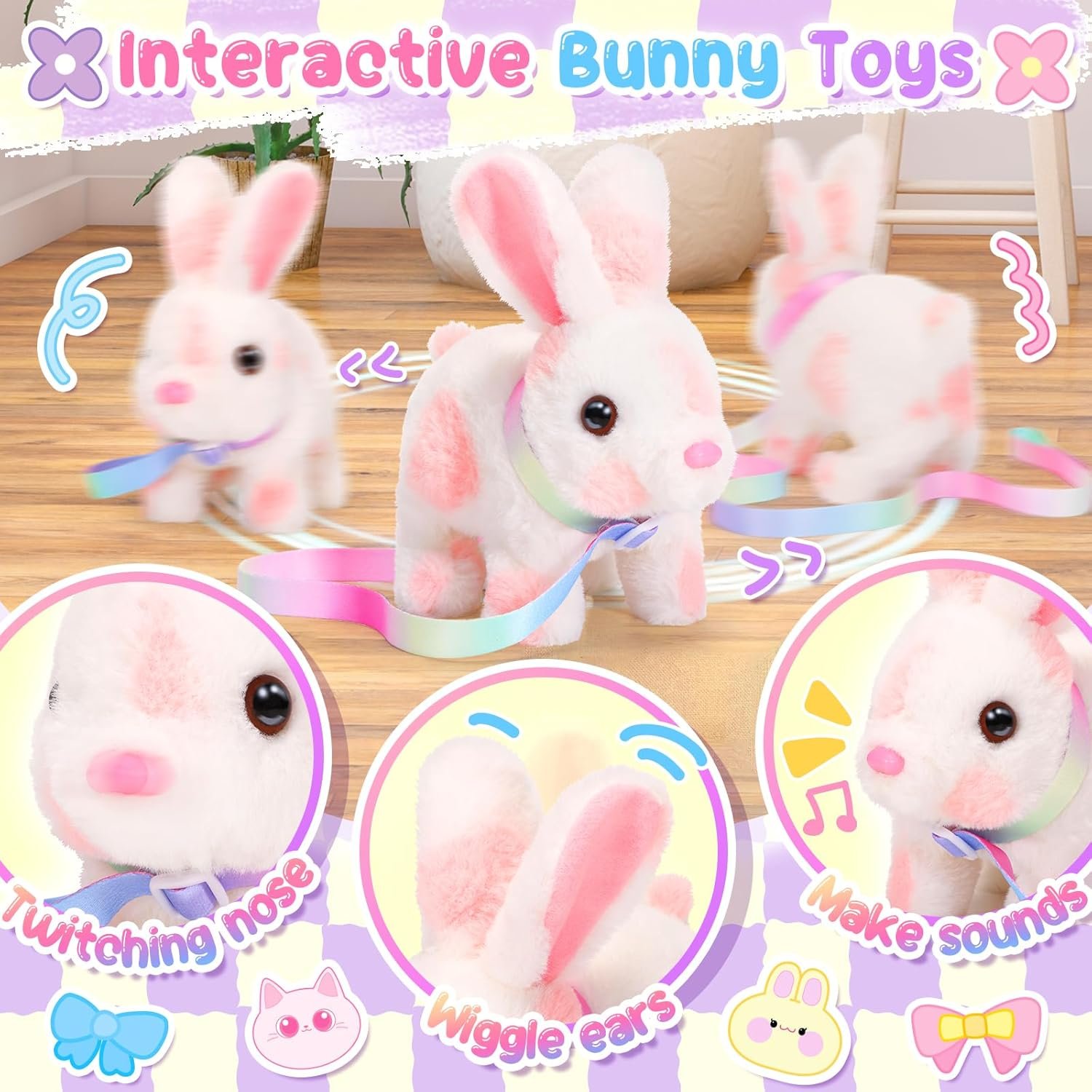 Easter Bunny Toys for Kids with Crossbody Bags, Easter Basket Stuffers Interactive Hopping Wiggle Ears Rabbit Toy, Pretend Play Robot Pet Care Cute Stuff for Girls Trip Plushies Birthday Gifts - Image 4