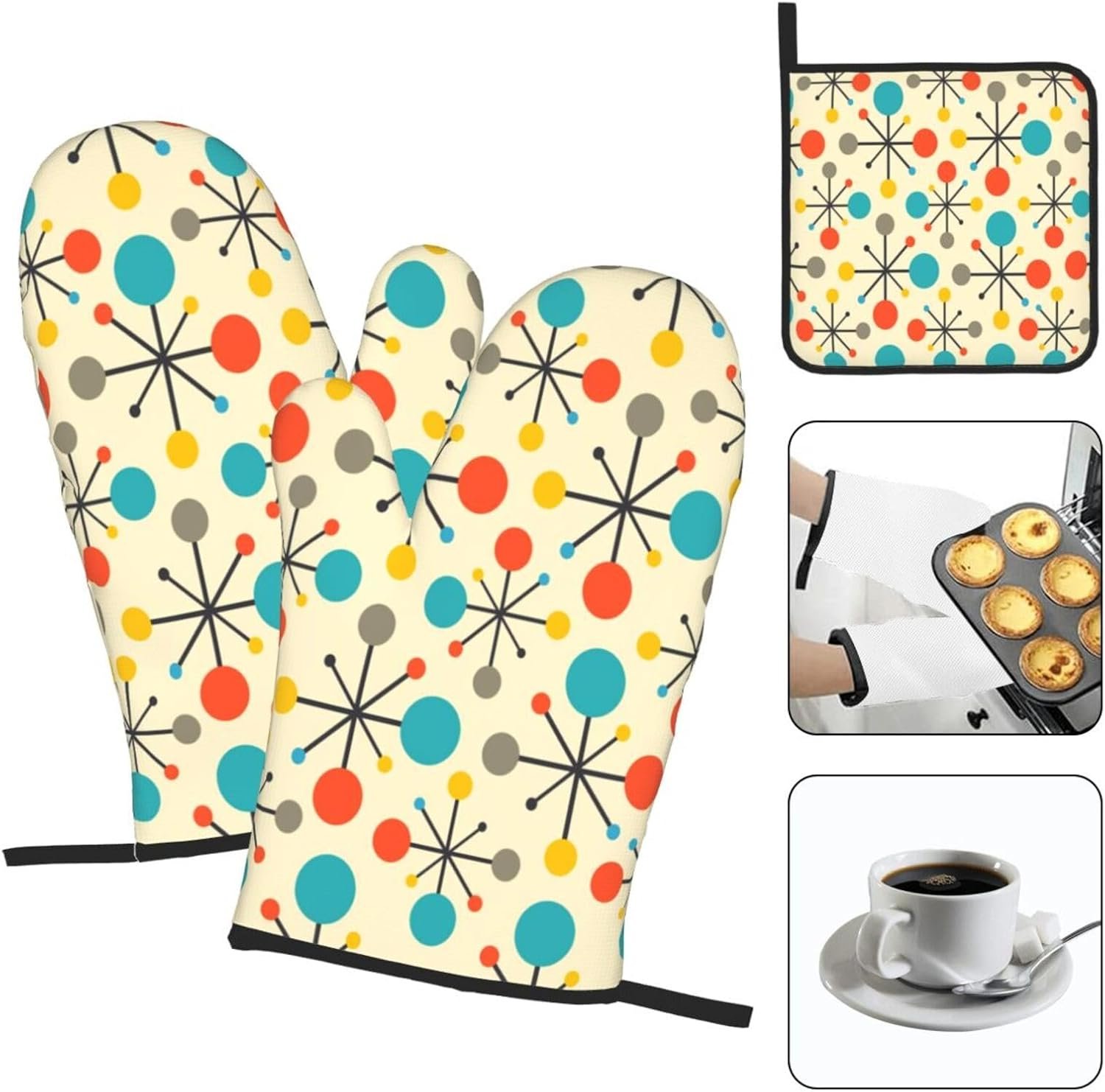 Mid Century Fifties Modern Atomic Retro Oven Mitts and Pot Holders Sets of 3, Yellow Kitchen Decor or Accessories, Heat Resistant Hot Pads Oven Gloves,Cooking Grilling Baking Gifts for Women - Image 3