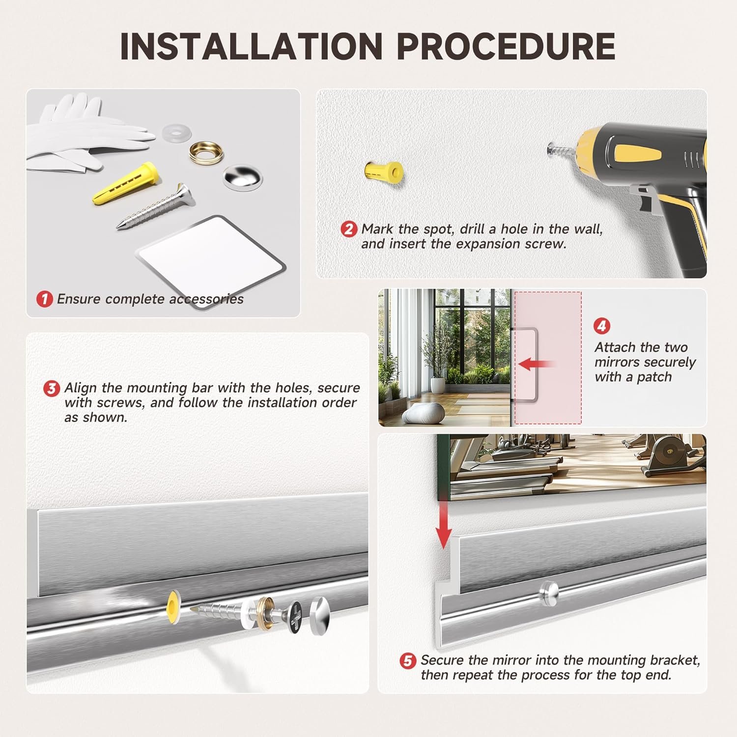 Home Gym Mirror, 55" x 21", 2PCS Large Full Body Mirror for Yoga, Silver Frameless Tempered Glass, Wall-Mounted Wall Mirrors for Home Gym, Workout, Garage, Bedroom, Bathroom, Dance Studio - Image 9