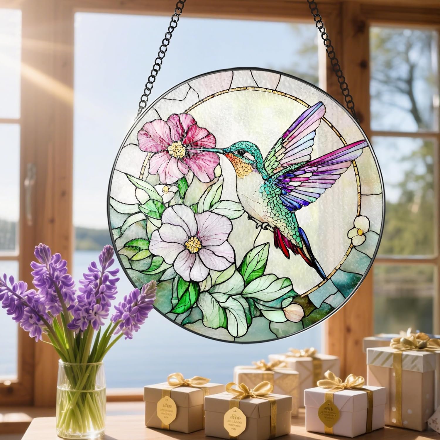 Hummingbird Suncatcher Stained Glass, Stain Glass Window Hanging, 8 Inch Stained Glass Decor, Bird Wall Art, Hummingbird Gifts, Gifts for Mom, Indoor Decor, Memory Sympathy Gift - Image 4
