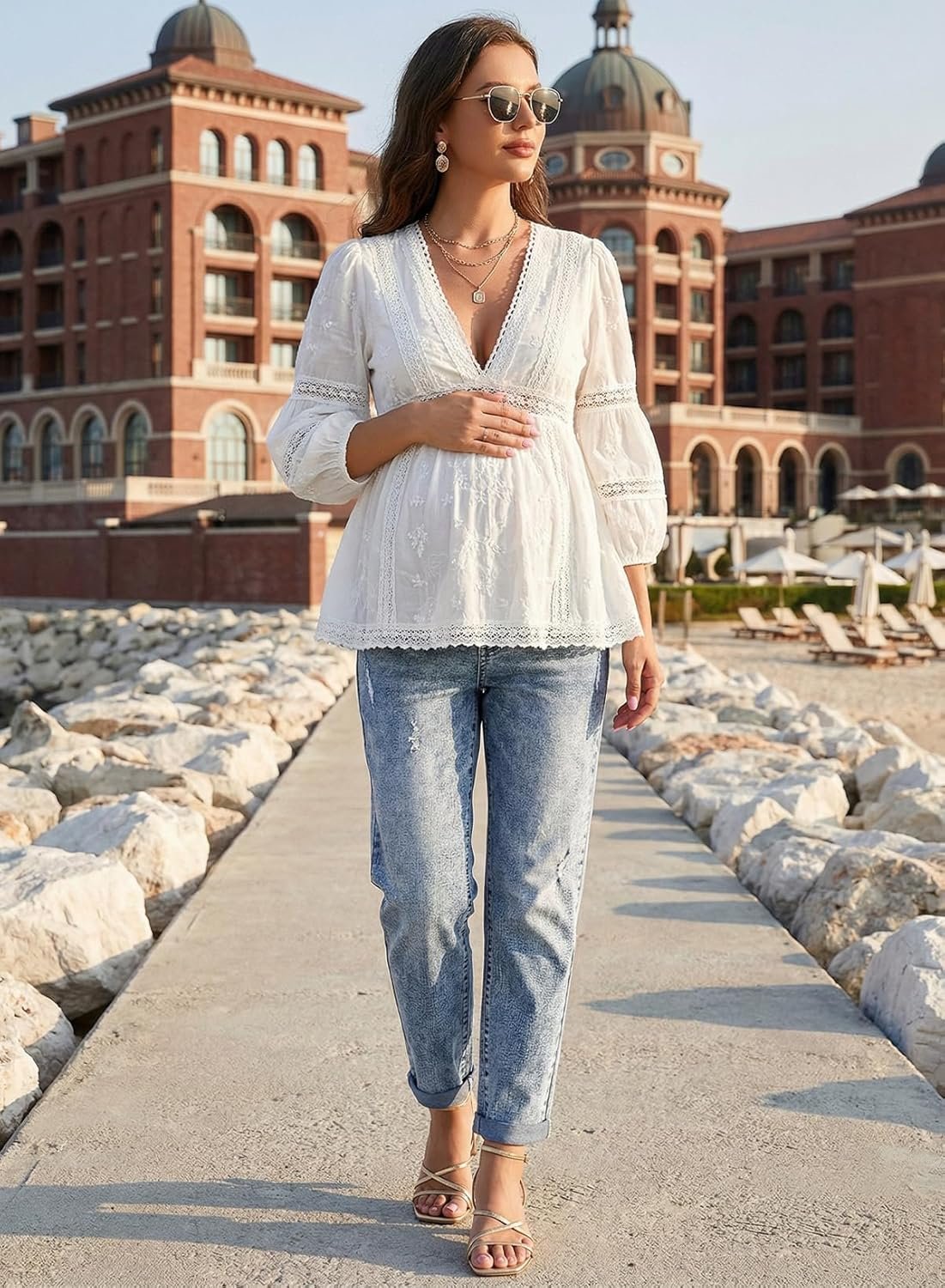 BLENCOT Women Maternity Jeans Elastic Waist Skinny Cuffed Ripped Pregnancy Cropped Pants - Image 4