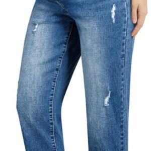BLENCOT Women Maternity Jeans Elastic Waist Skinny Cuffed Ripped Pregnancy Cropped Pants