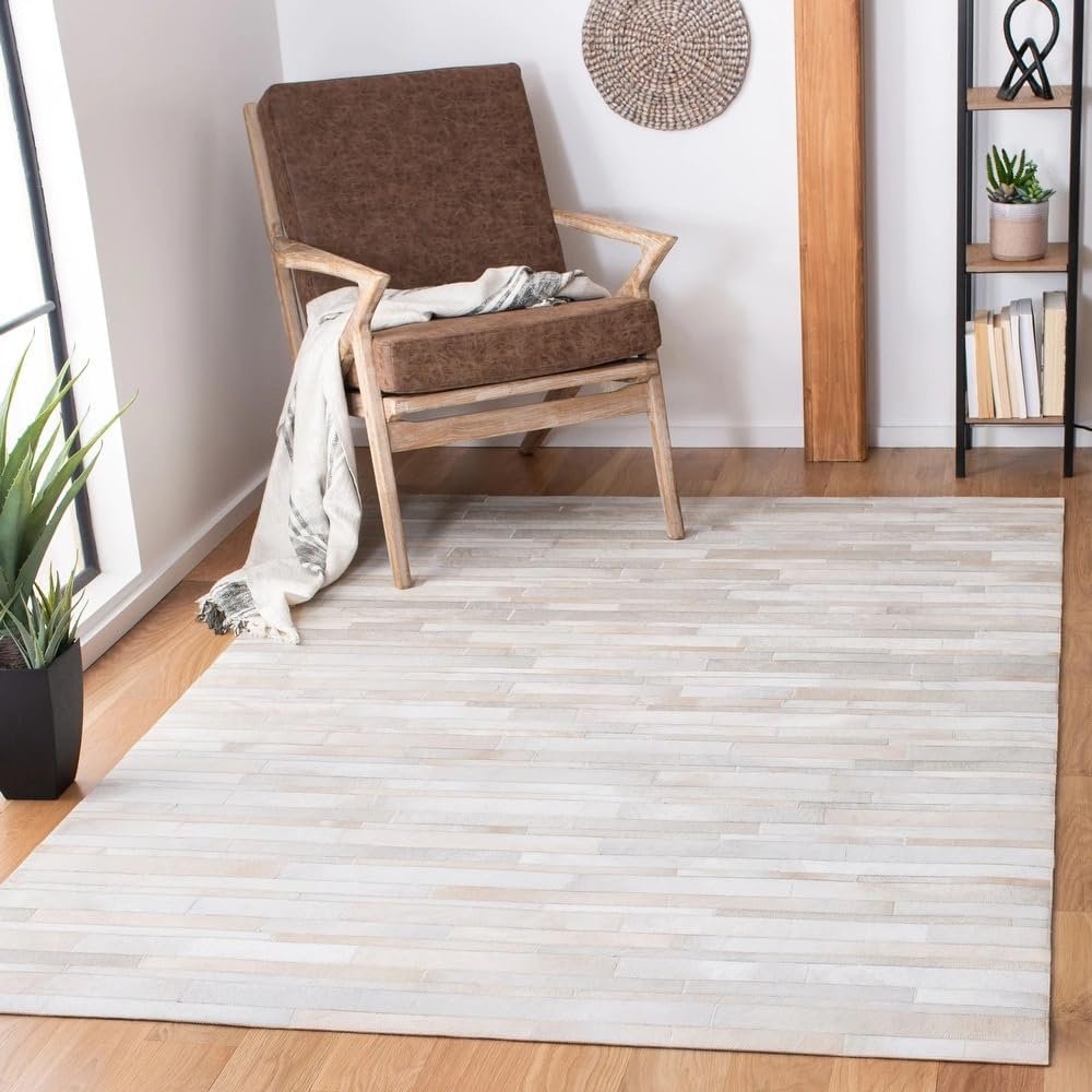 Premium Cowhide Leather Rug, Stripes Patterned Hand Made Area Rug, Artisan-Crafted Non Slip Floor Accent for Dining Room, Living Room Rug, Color: White, Size: 6X9 ft - Image 3