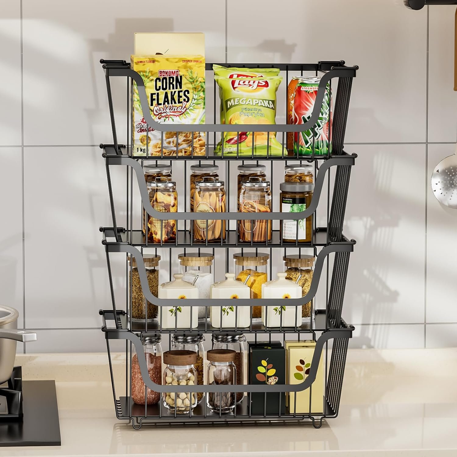 4 Pcs Stackable Wire Baskets for Pantry Organizers and Storage,Vegetable Fruit Basket for Countertop,Kitchen Storage Metal Baskets,Produce Potato Onion Storage Bin,Black - Image 4
