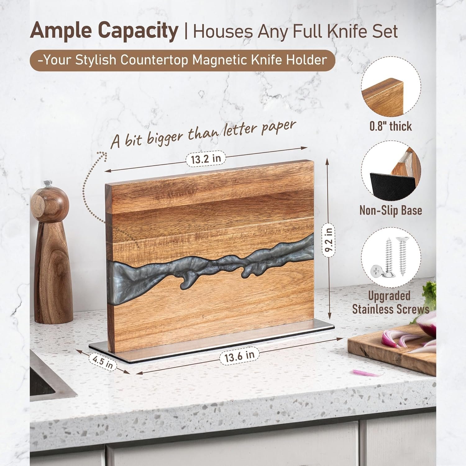 Magnetic Knife Holder Block for Countertop, No Drill Acacia Wood Stand with Epoxy Resin Art & Strong Magnets - Fits Chef Knives & Scissors & Bar Tools (No Knives Included) - Image 3