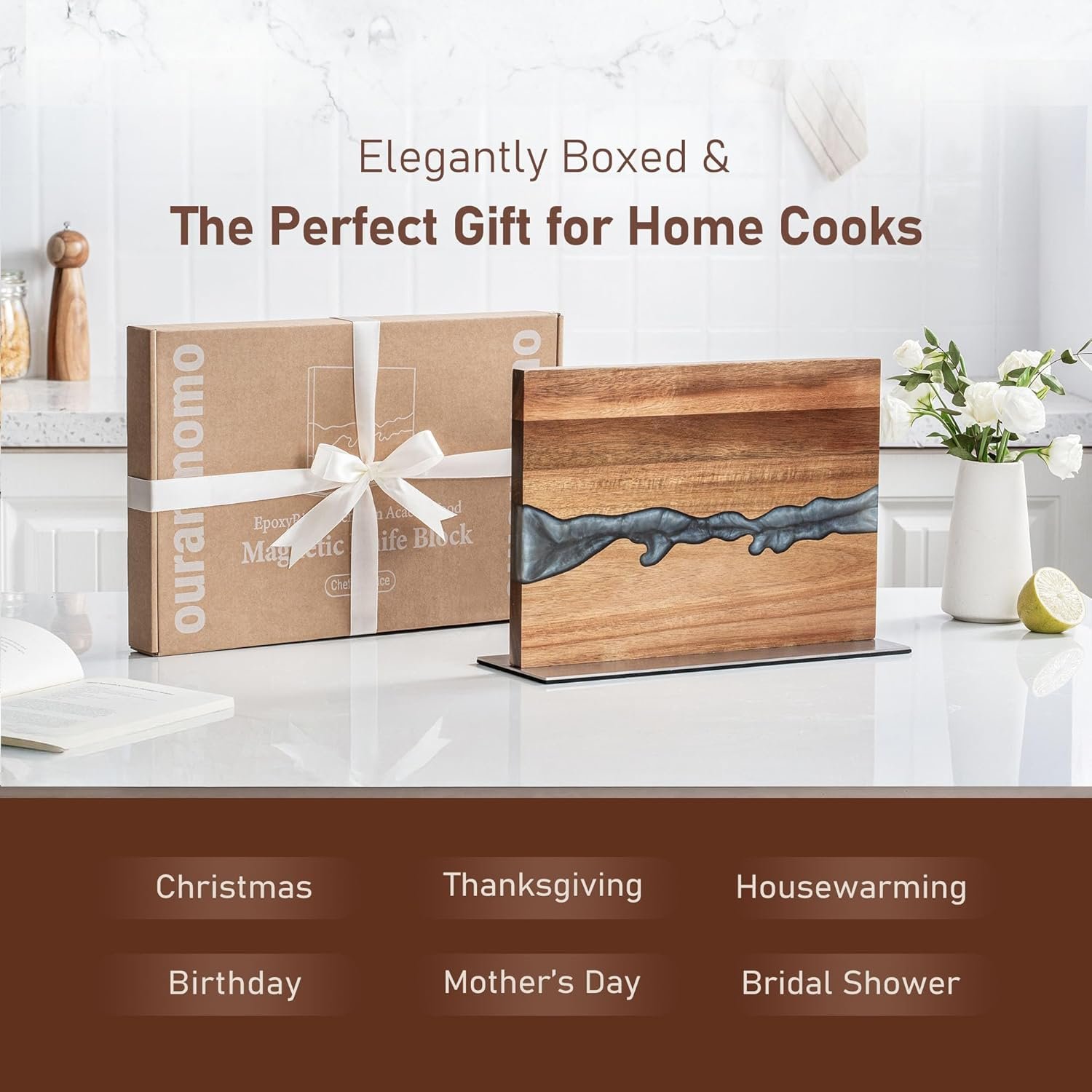 Magnetic Knife Holder Block for Countertop, No Drill Acacia Wood Stand with Epoxy Resin Art & Strong Magnets - Fits Chef Knives & Scissors & Bar Tools (No Knives Included) - Image 4