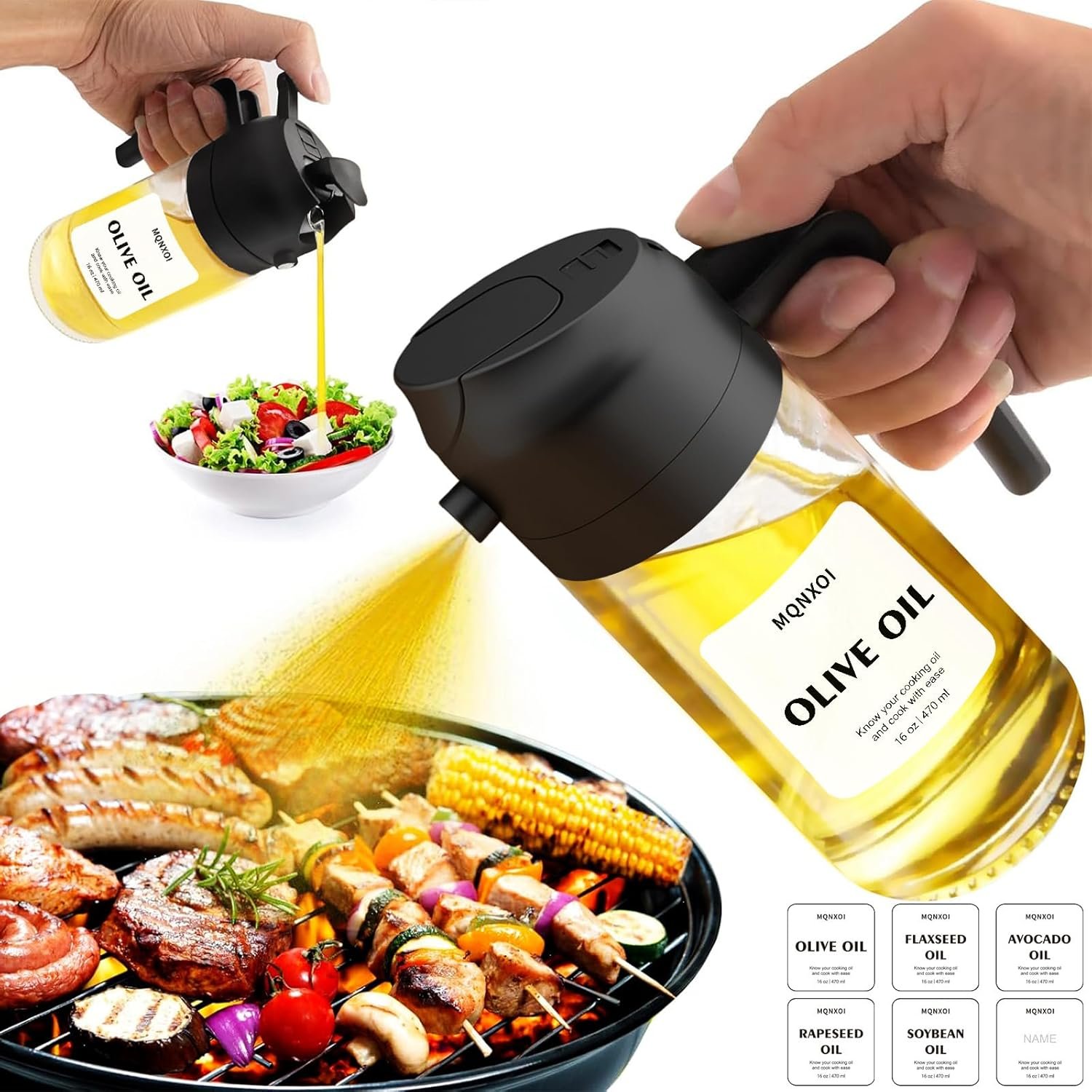 2 in 1 Glass Oil Sprayer & Dispenser,16oz/470ml Olive Cooking, Air Fryer, and Salad, for Kitchen Gadgets and Air Fryer Accessories, w/Stickers (Black) - Image 4