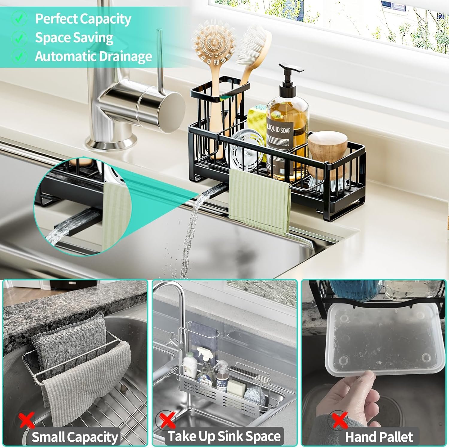 HapiRm Sponge Holder for Kitchen Sink - Self-draining Sink Caddy with Brush and Dishcloth Holders, Stainless Steel Kitchen Organizer for Countertop - Black - Image 3