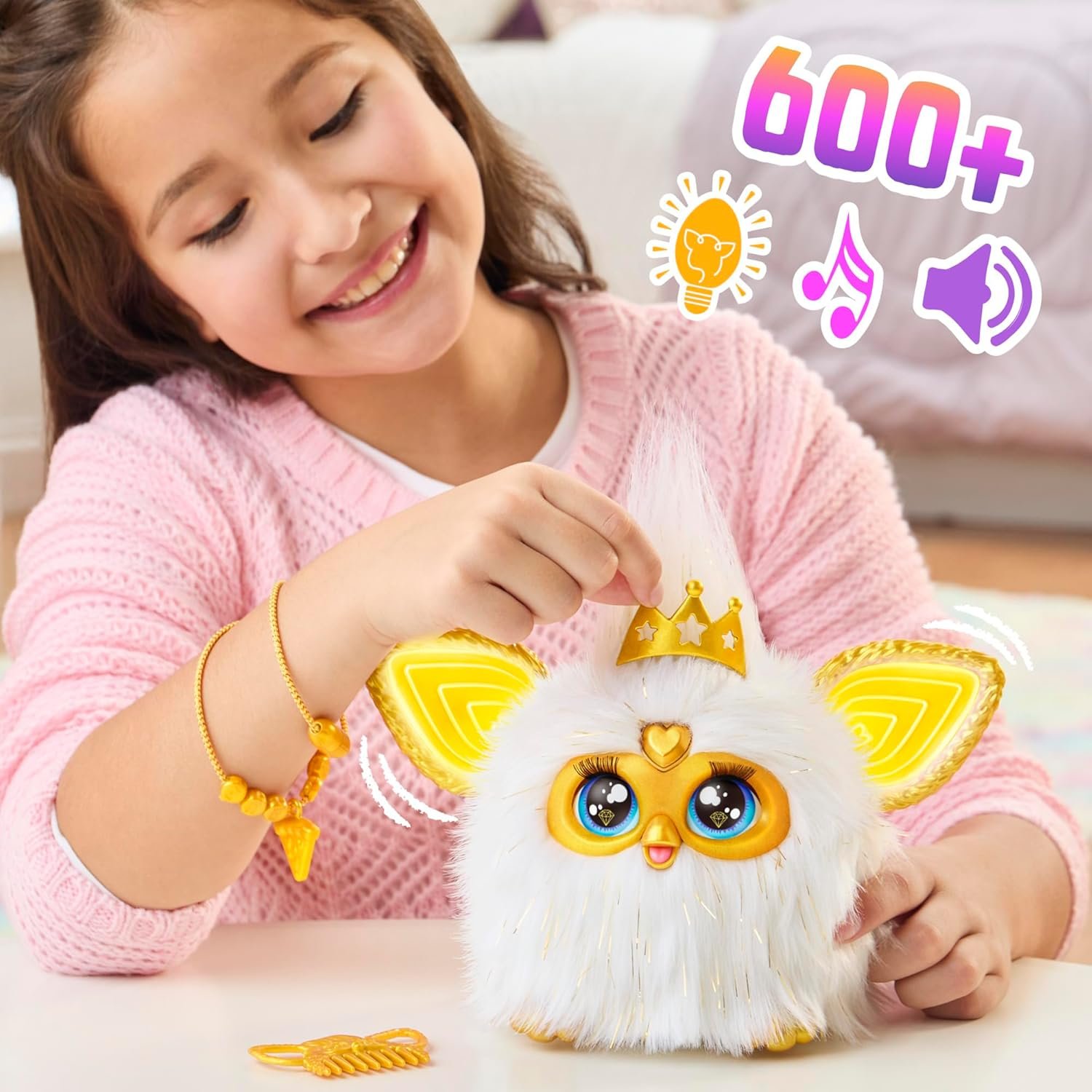 Furby Gold Glam Interactive Plush Toys for 6 Year Old Girls & Boys & Up, Voice Activated Animatronic, Speaks English & Furbish, White (Amazon Exclusive) - Image 4