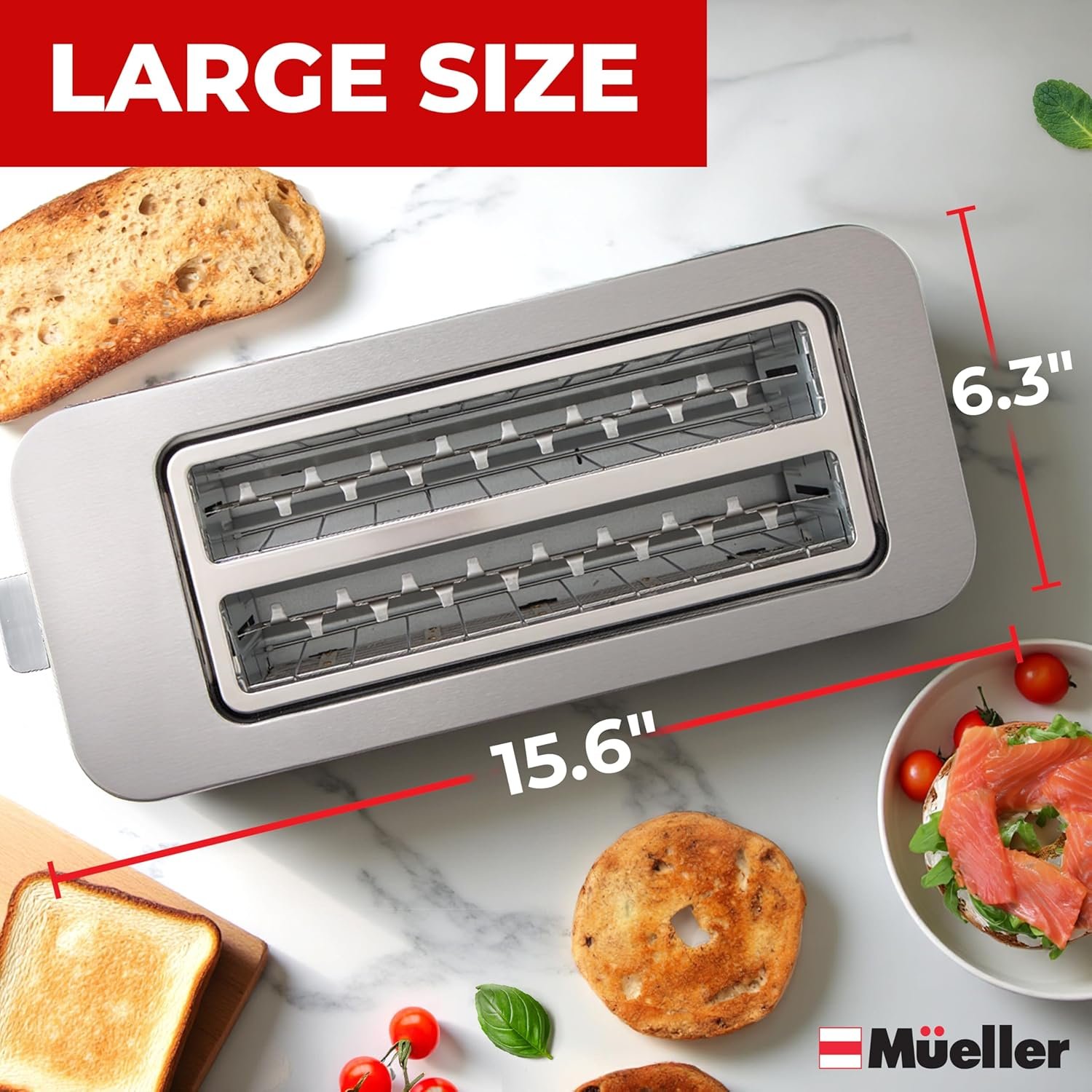 Mueller UltraToast Stainless Steel Toaster 4 Slice – Extra-Wide 1.6" Slots for Artisan Bread, Bagels & Frozen Waffles, 6 Browning Levels, LED Display, Cancel/Defrost/Reheat, Removable Crumb Tray - Image 8