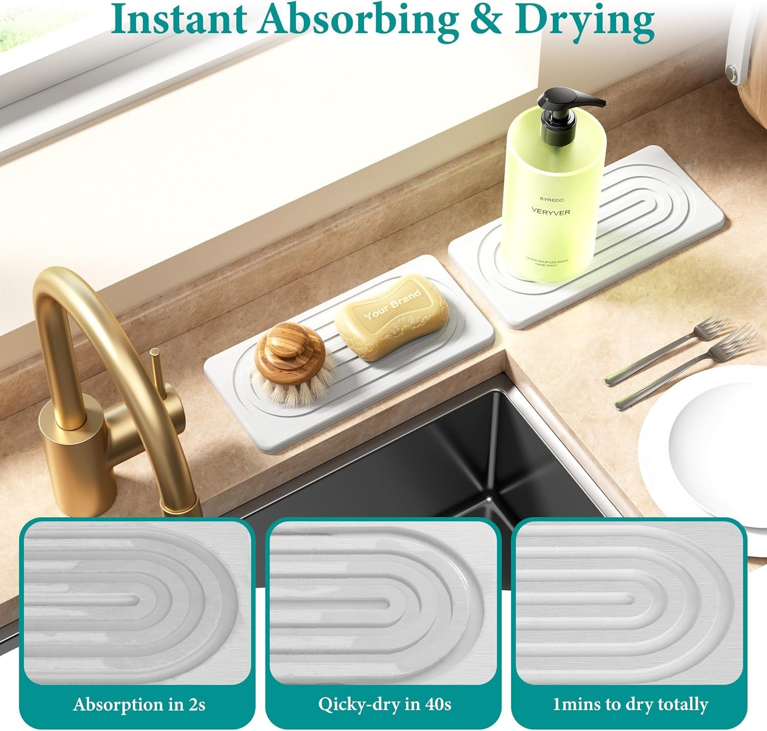 2 PCS Water Absorbing Stone Tray for Sink, Quick Drying Diatomite Bathroom Tray Countertop, Stone Drying Mat for Kitchen Counter Faucet, Soap Dish Dispenser Vanity Organizer, White-A-8.3" x 4" - Image 3